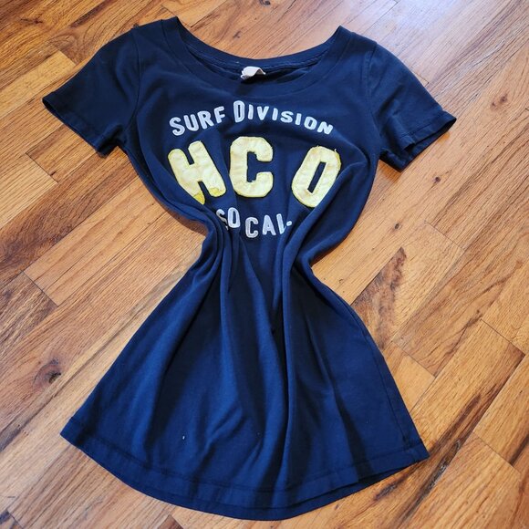 Hollister Surf Division Navy Babydoll Tee Y2K 2000s So. Cal Raised Logo Yellow L - Picture 4 of 6